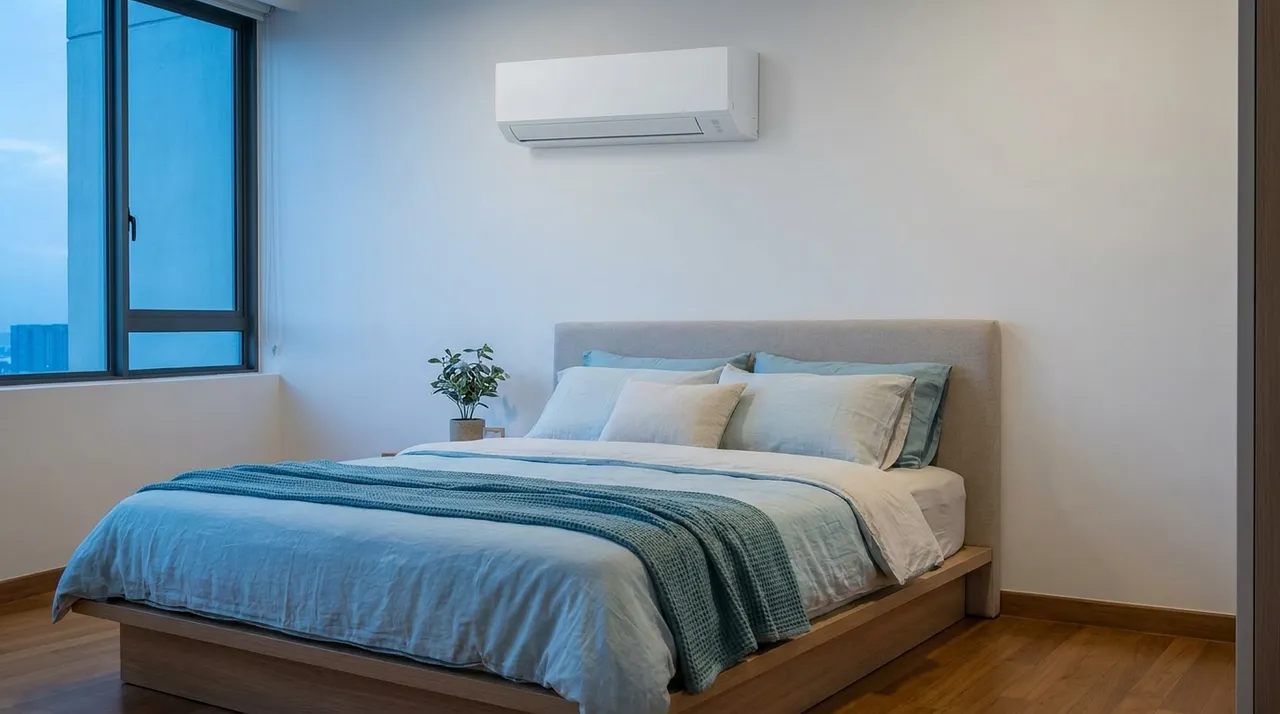 A cool, quiet bedroom with a wall-mounted air-conditioner running above the bed.