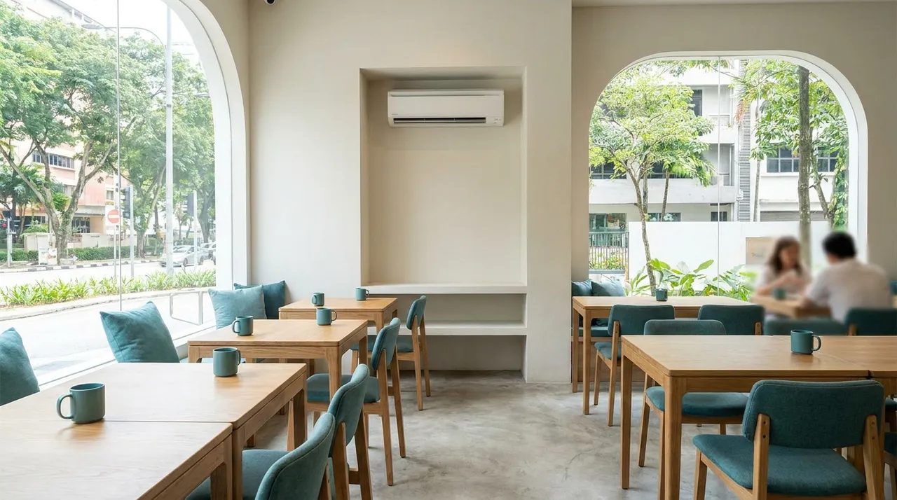 Ceiling and wall air-conditioning cooling a busy café dining area during the day.
