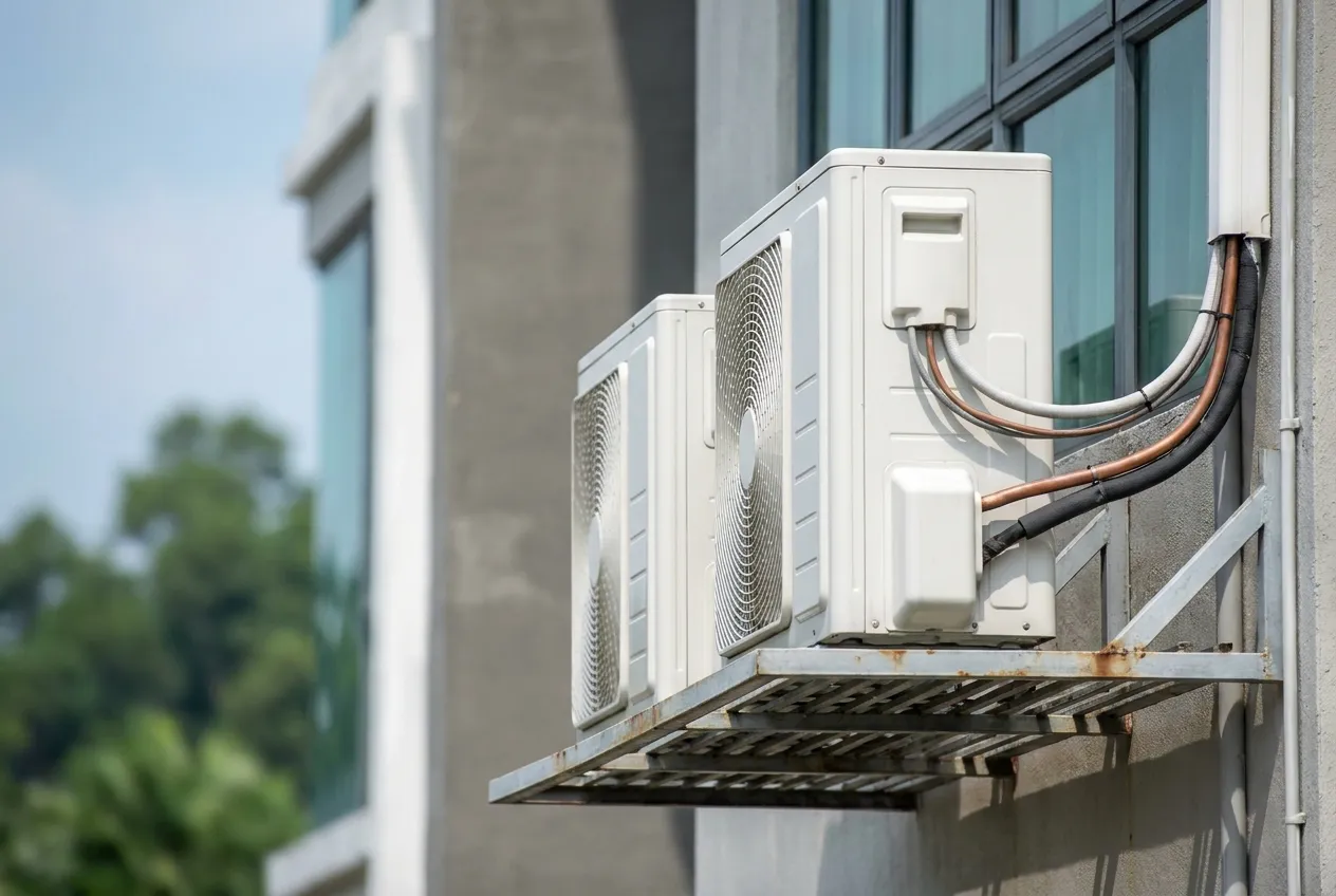 Outdoor air-conditioner condenser units mounted on an apartment balcony.