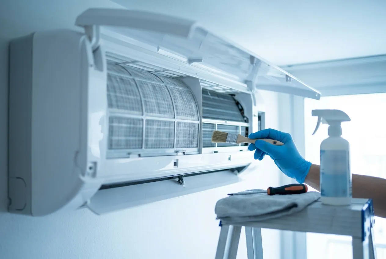 A gloved hand cleaning inside an opened wall-mounted air-conditioner, filters removed.