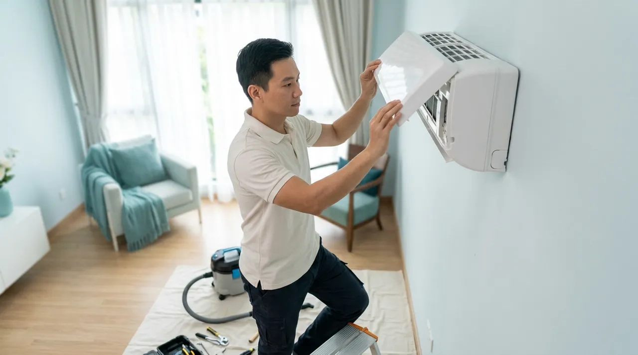 A technician refitting the front cover of a wall-mounted air-conditioner after finishing a service.