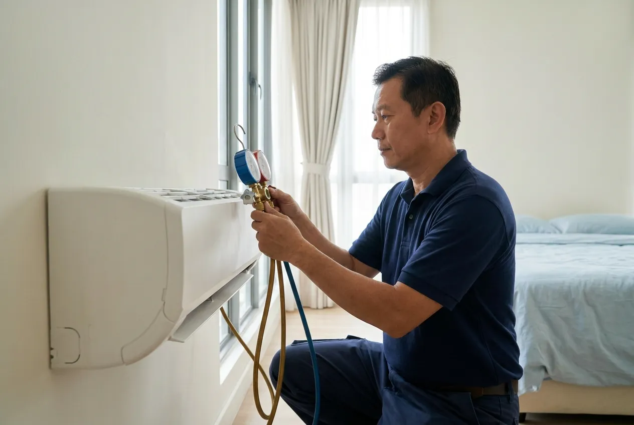A technician reading a refrigerant manifold gauge while servicing an air-conditioner.