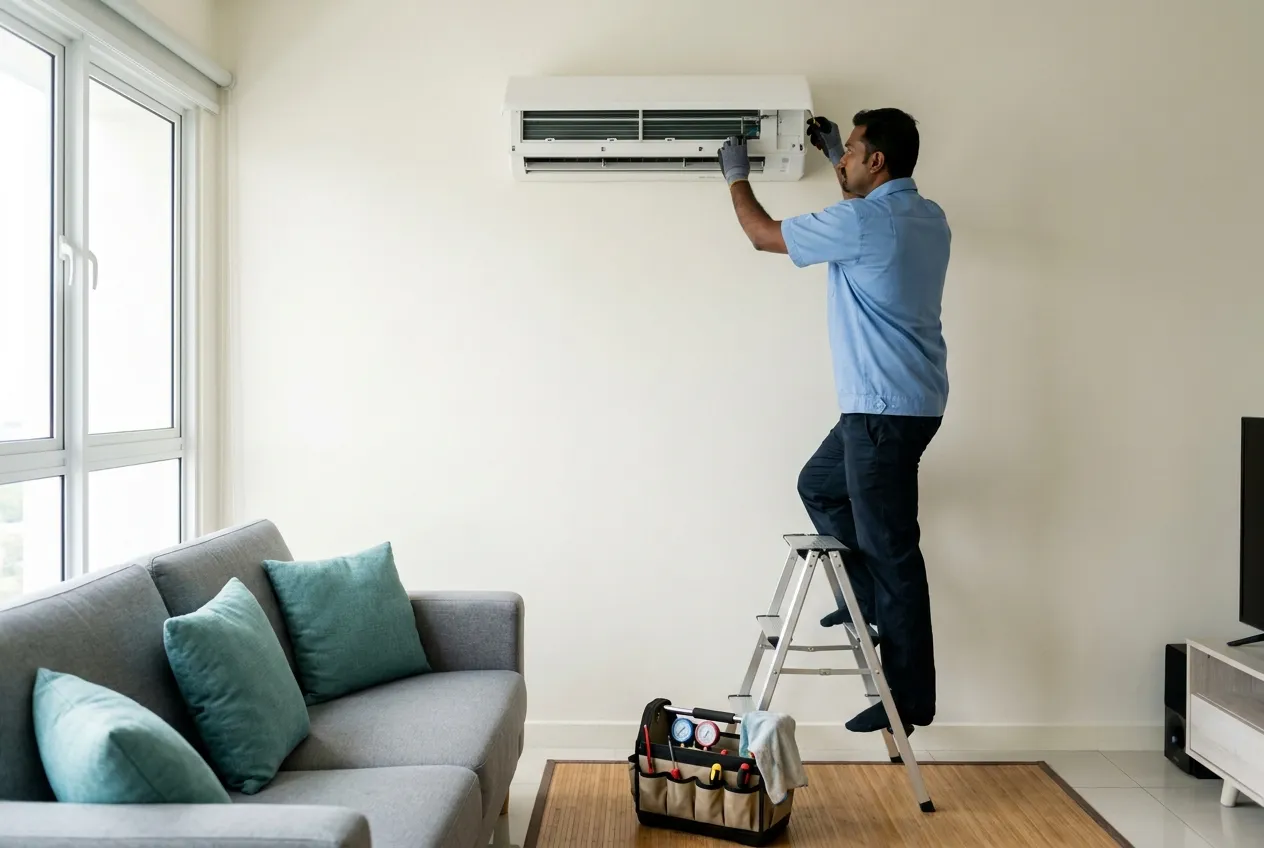 A technician on a ladder installing a wall-mounted air-conditioner indoor unit.