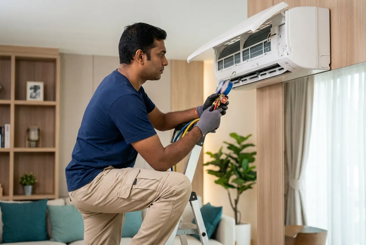 A technician checking an air-conditioner with a manifold gauge in a bright living room.