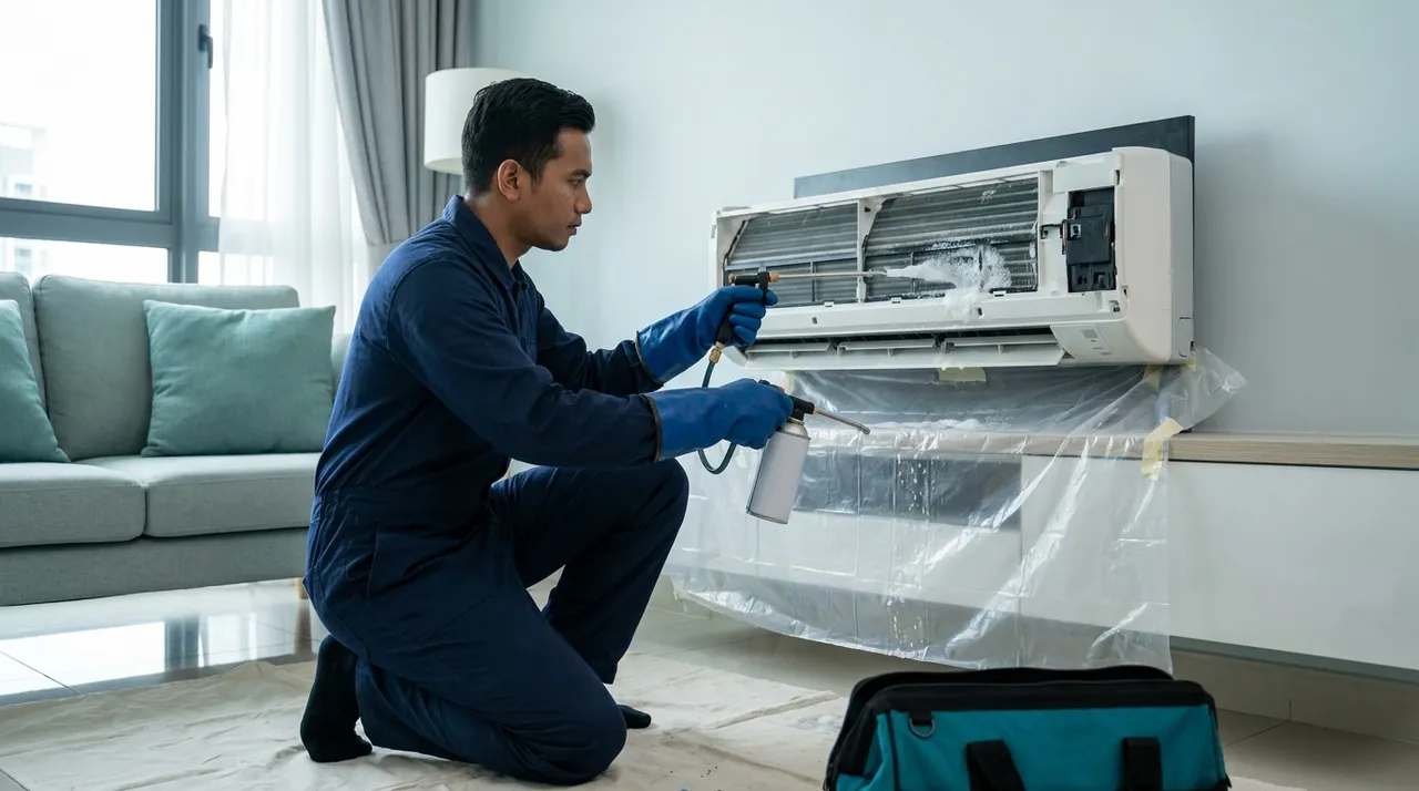 A technician chemical-washing an air-conditioner evaporator coil, foam and runoff on the fins.