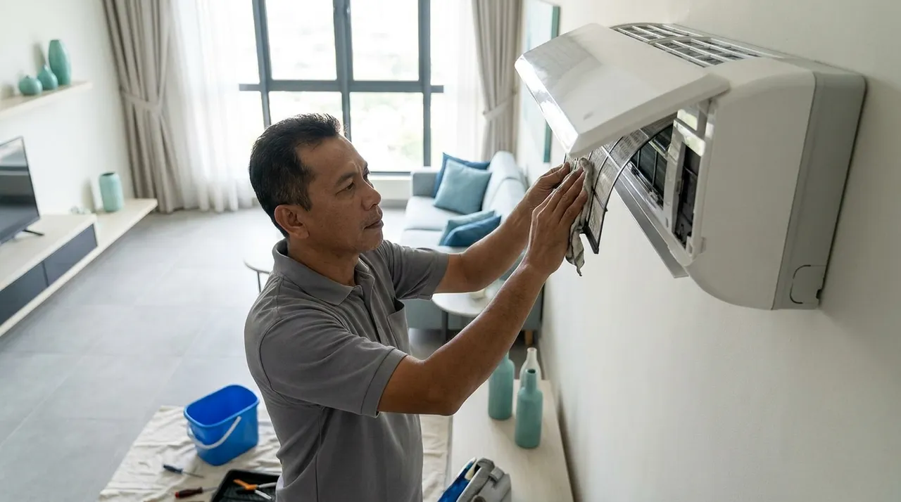 An air-conditioning technician wiping the filter of an open wall-mounted unit during a routine service.