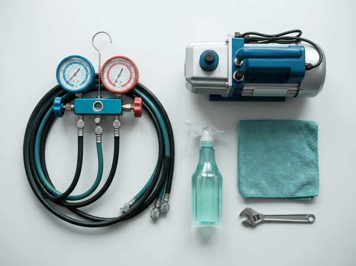 A flat-lay of air-conditioning service tools laid out on a work surface.